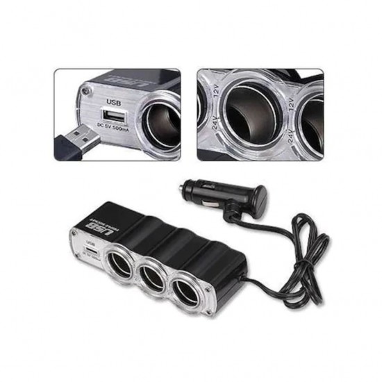 3 Çıkışlı 12/24 Volt Oto Çakmaklık Çoklayıcı + 1 USB Çıkışlı