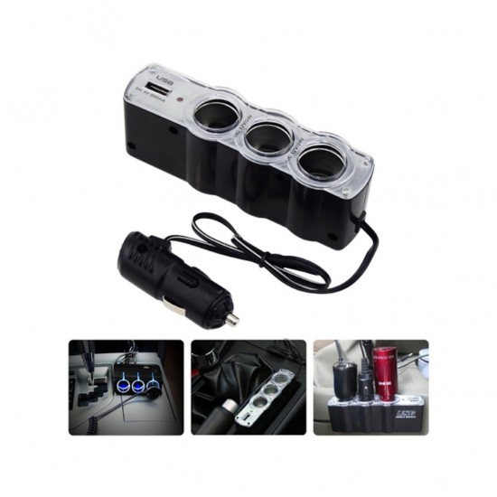3 Çıkışlı 12/24 Volt Oto Çakmaklık Çoklayıcı + 1 USB Çıkışlı