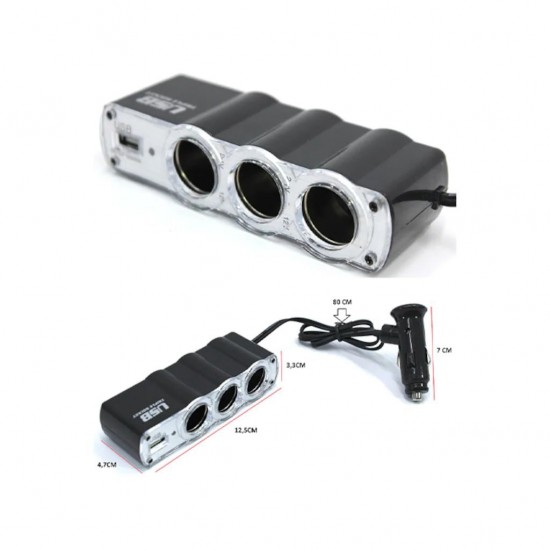 3 Çıkışlı 12/24 Volt Oto Çakmaklık Çoklayıcı + 1 USB Çıkışlı